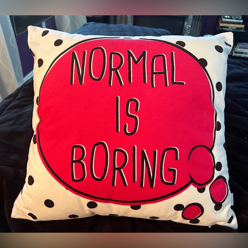 COPY - *Like new* Pink & White Polka Dot Pillow ‘Normal is Boring’. Bouclair